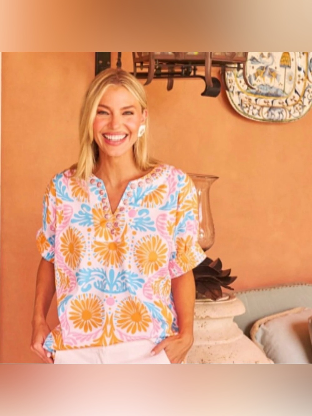 Sheridan French Orange Blue Pink Knit Popover Top Shirt Blouse - Picture 11 of 11